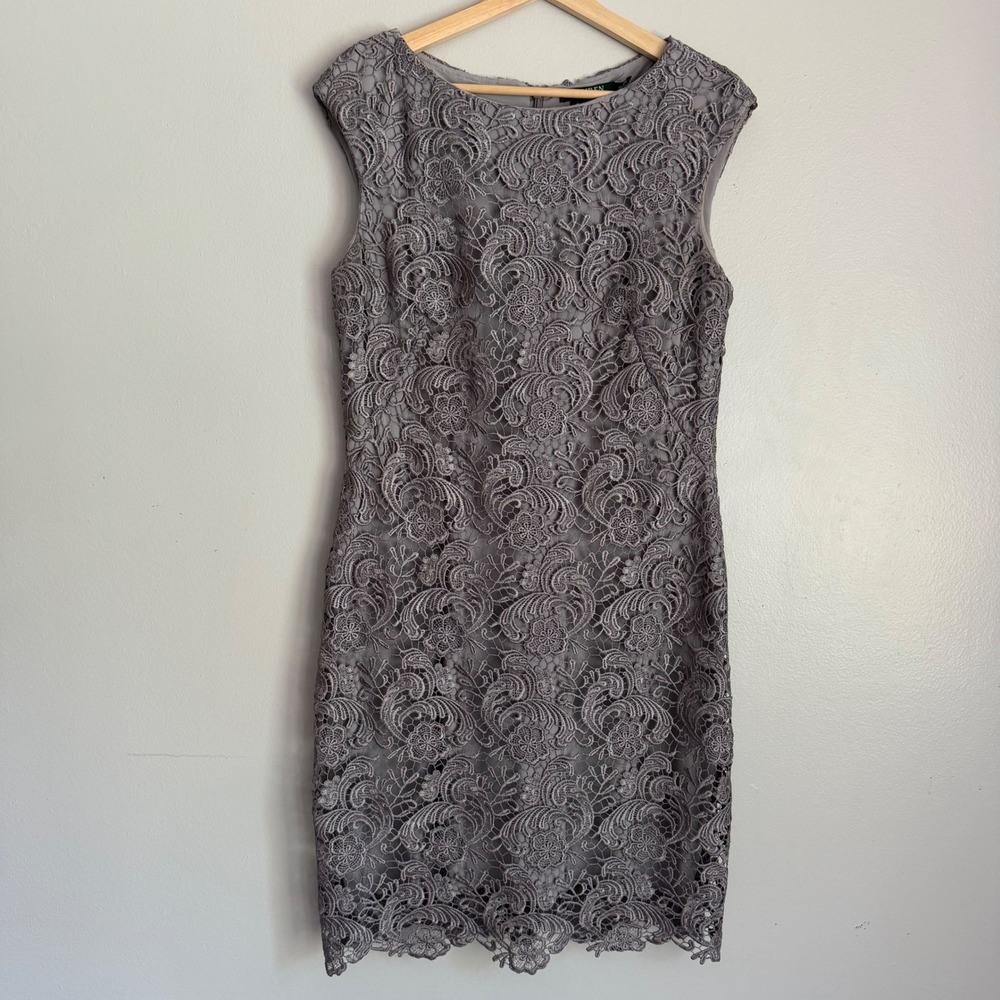 Lauren Ralph Lauren Evening Grey Floral Corded Lace Sheath Dress Size 12‎